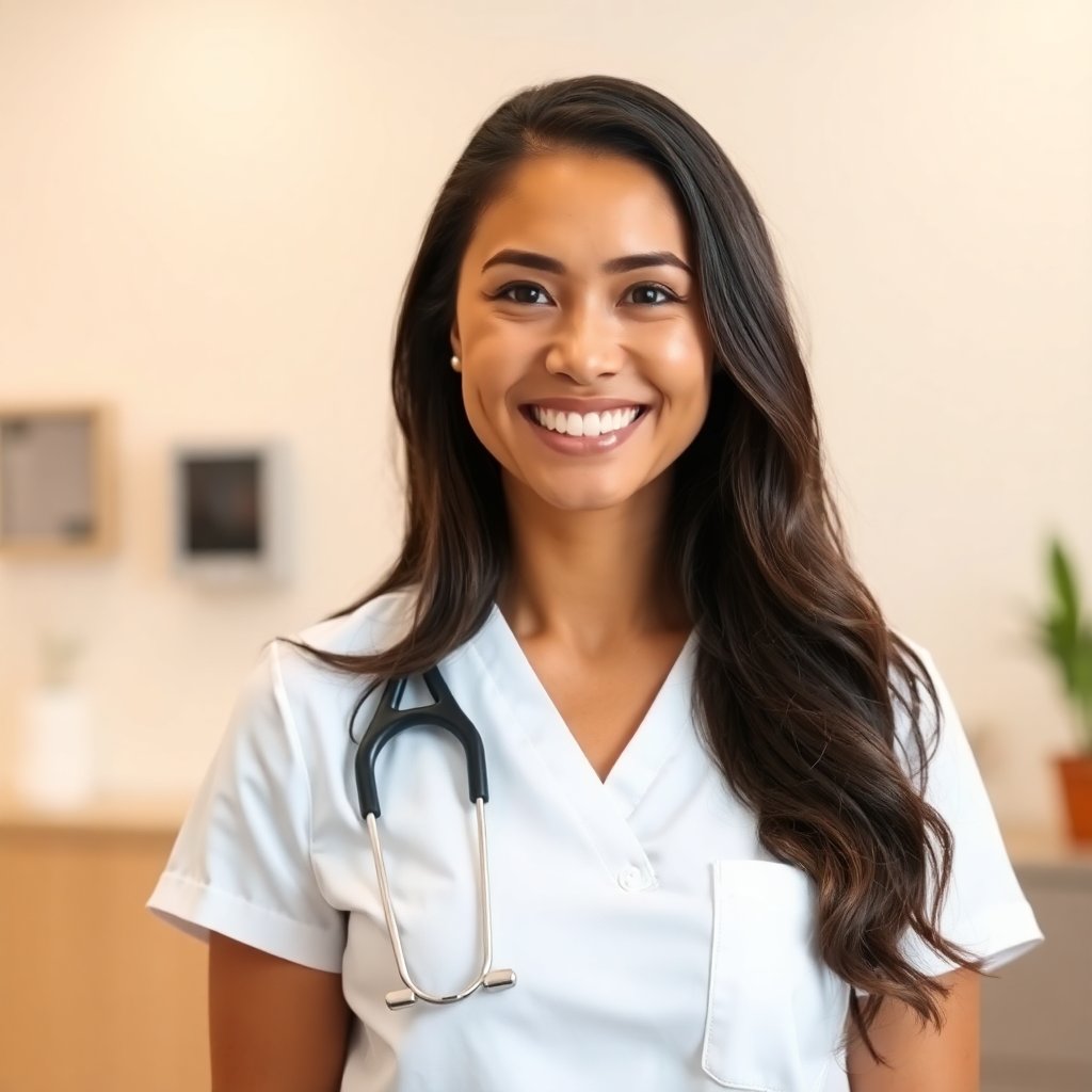 Portrait of a friendly professional physiotherapist in white uniform, smiling, blurred clinic background, warm lighting, professional photography