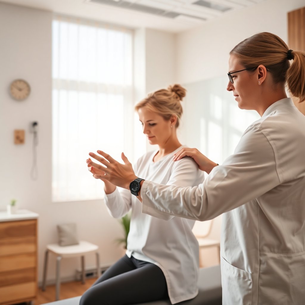 Professional physiotherapist helping a patient with shoulder exercises in a bright, modern clinic in Slaný, soft natural lighting, clean interior with wooden accents, photorealistic, 8k, serene atmosphere