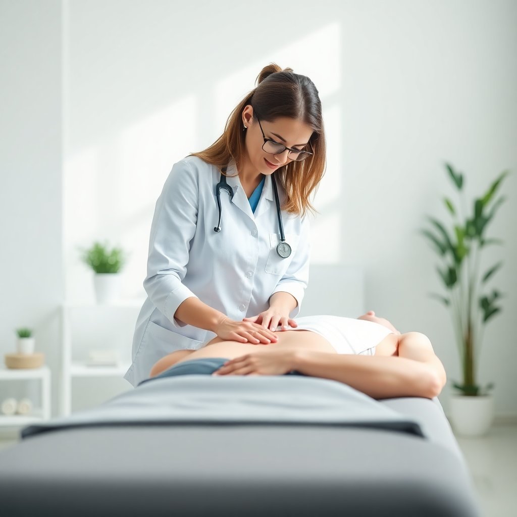 Professional physiotherapist working with a patient in a bright, modern minimalist clinic, focus on hands and treatment table, soft natural lighting, high quality photography