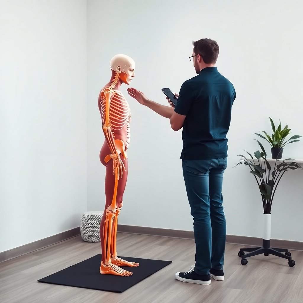 Detailed postural analysis, musculoskeletal assessment, minimalist medical studio environment, clean lines, professional atmosphere