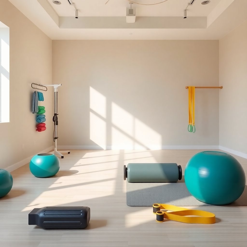 Rehabilitation equipment, foam rollers and resistance bands in a sunlit physiotherapy studio, minimalist design, high quality interior photography
