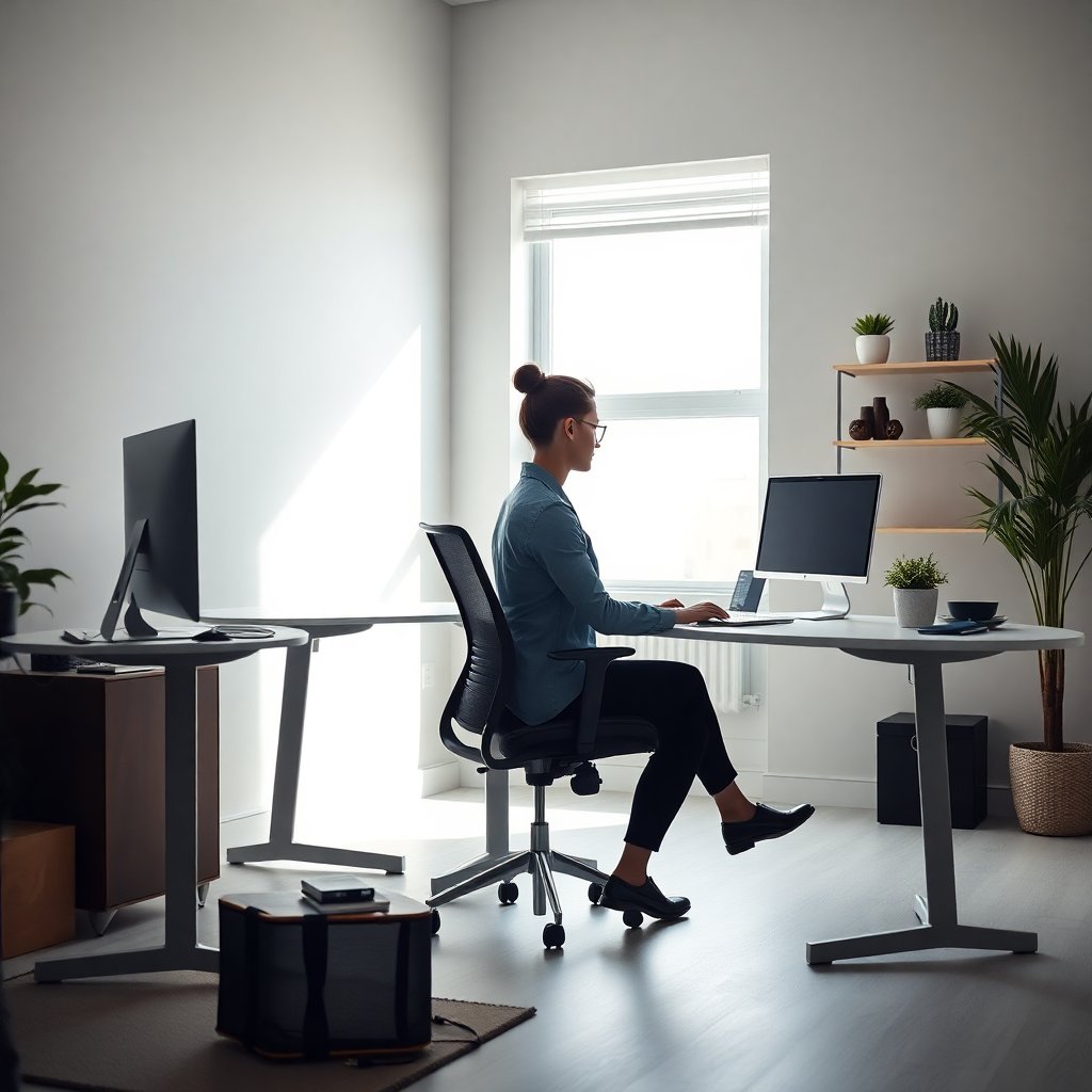Modern ergonomic office setup, minimalist workspace, focus on correct sitting posture, soft natural light, professional photography